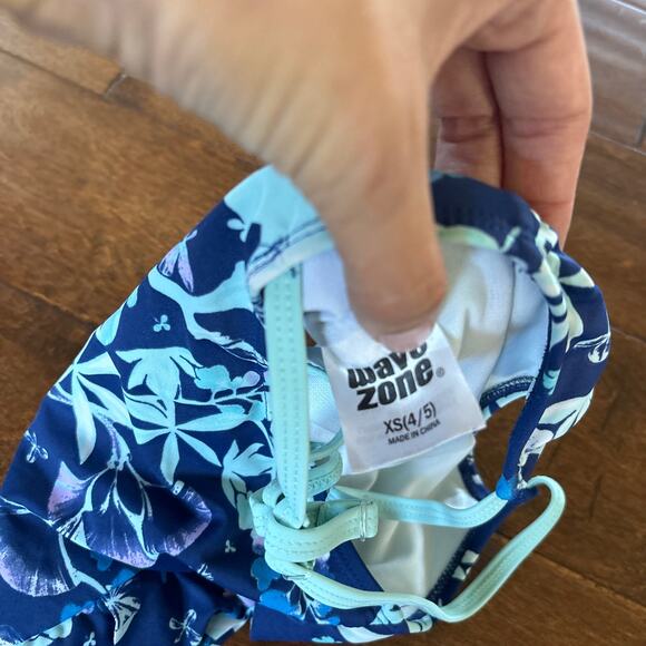 Wave Zone Girls Bikini Swimsuit Size XS 4/5 Blue Green Floral Ruffle - Picture 3 of 4